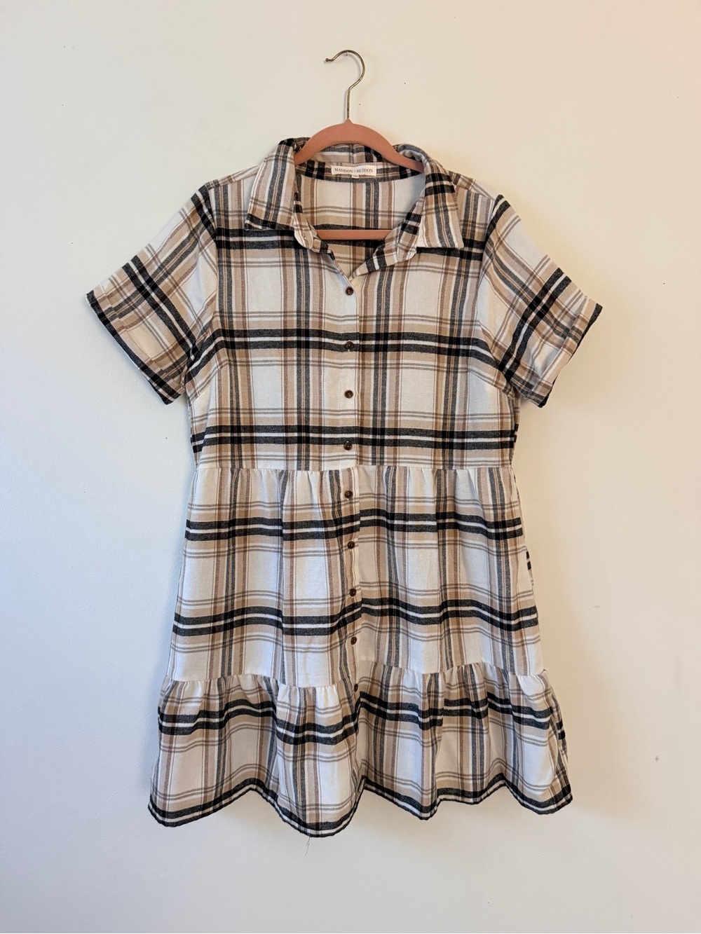Plaid Button-Front Tiered Shirt Dress - Black, Tan, Cream